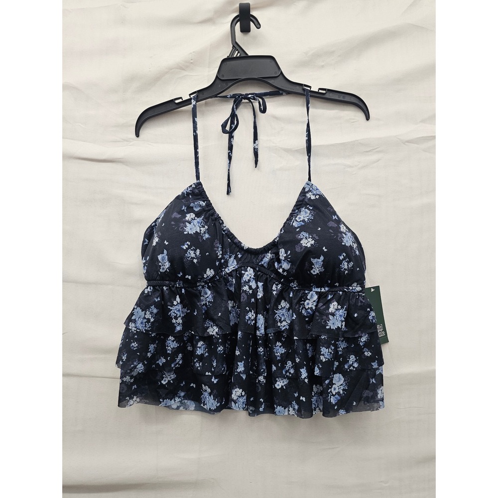 Wild Fable Womens Floral Halter Ruffle Top Navy Polyester Casual Size Large